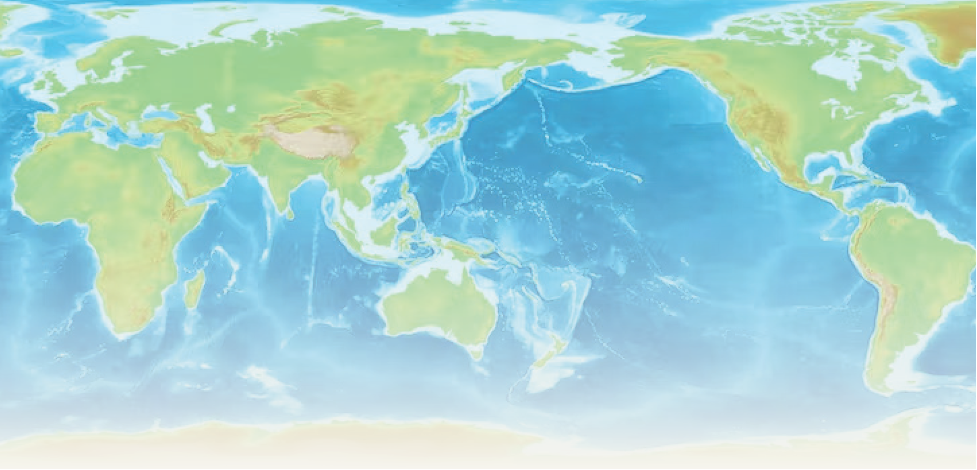 Watercolour image of a global map where the Pacific Ocean is centred. 