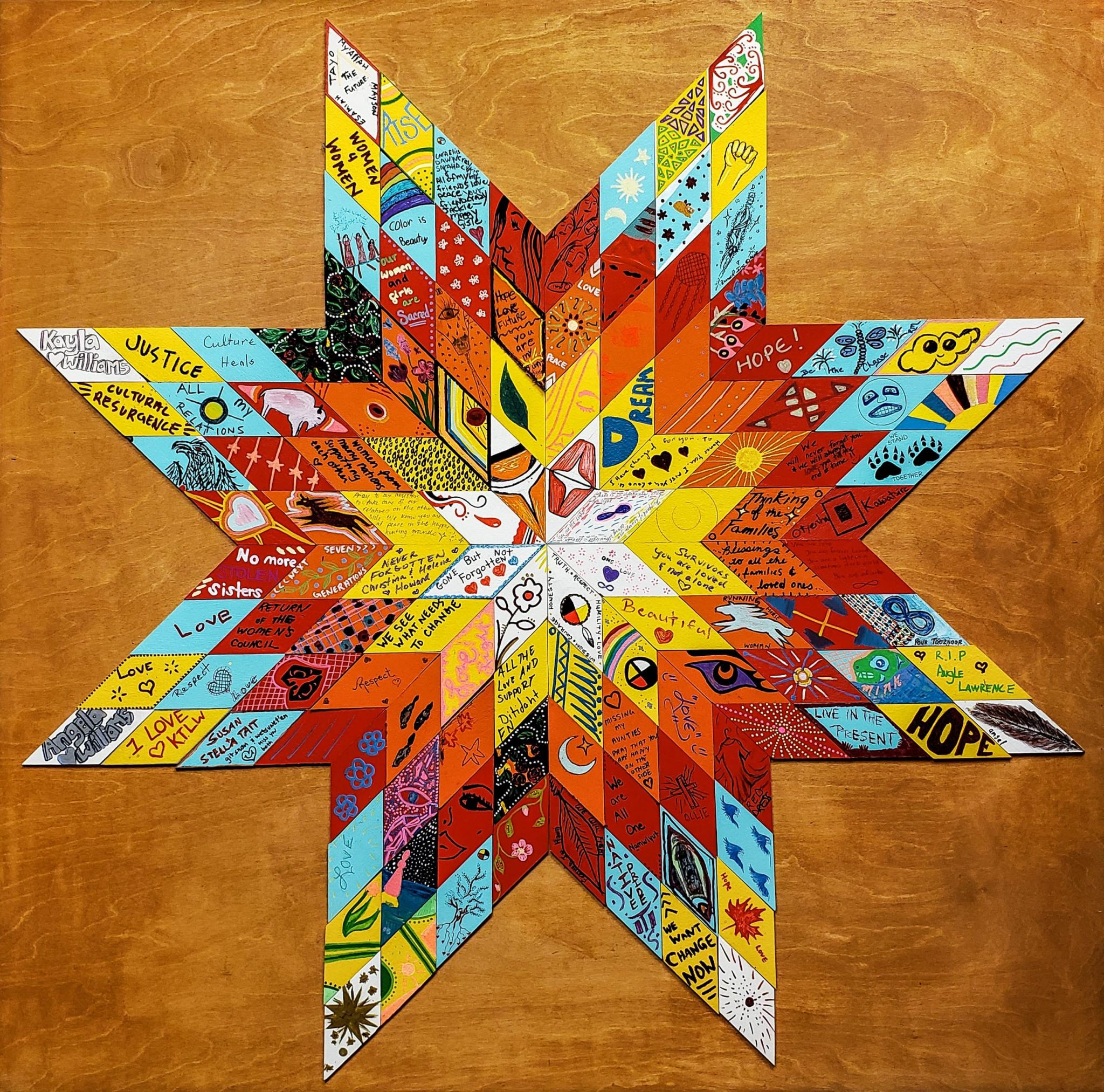 A community art piece in the style of a star blanket, created by Jessica Slater. 