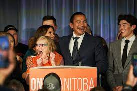 Manitoba NDP leader Wab Kinew delivers his victory speech and wishes his mother, Kathi Avery Kinew, a happy birthday, after winning the Manitoba provincial election in Winnipeg. THE CANADIAN PRESS/David Lipnowski