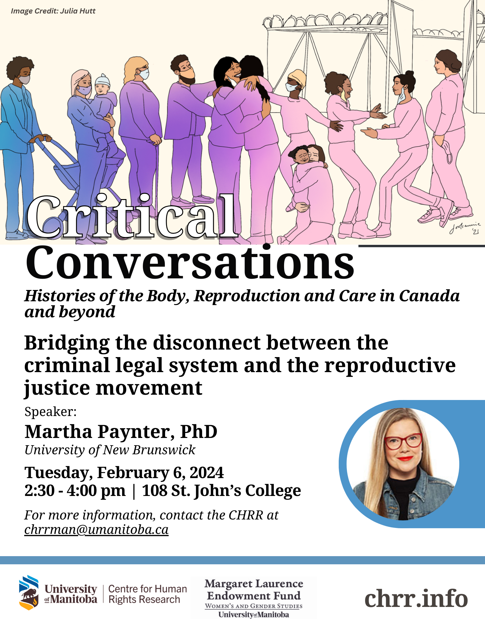 Poster for upcoming event with Martha Paynter. At the top of the poster is an image by Julia Hutt, with artwork of women and children outside prison gates. The women are laughing and hugging, and holding their children.