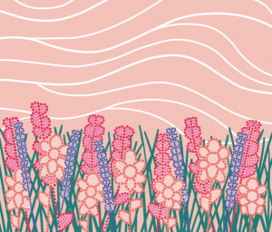 "Wāpikwanīya (Flowers)"- a digital illustration. It features an arrangement of flowers positioned at the base of the composition, set against a backdrop of tall prairie grass and sky.