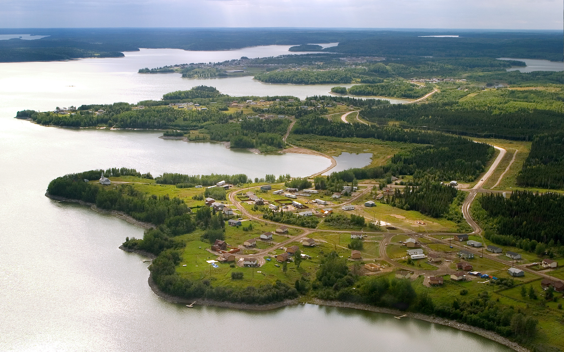 Aerial Image of Nisichawayasihk Cree Nation showing waterways and land.