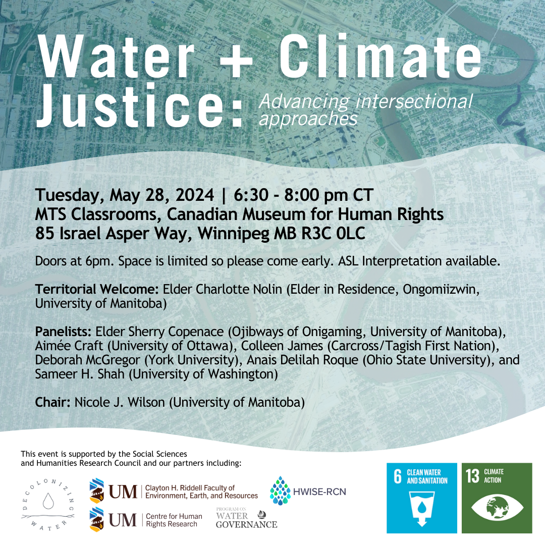 Poster outlining information on Water and Climate Justice event. The background image is an aerial view of the Assiniboine and Red Rivers, with a green overlay.