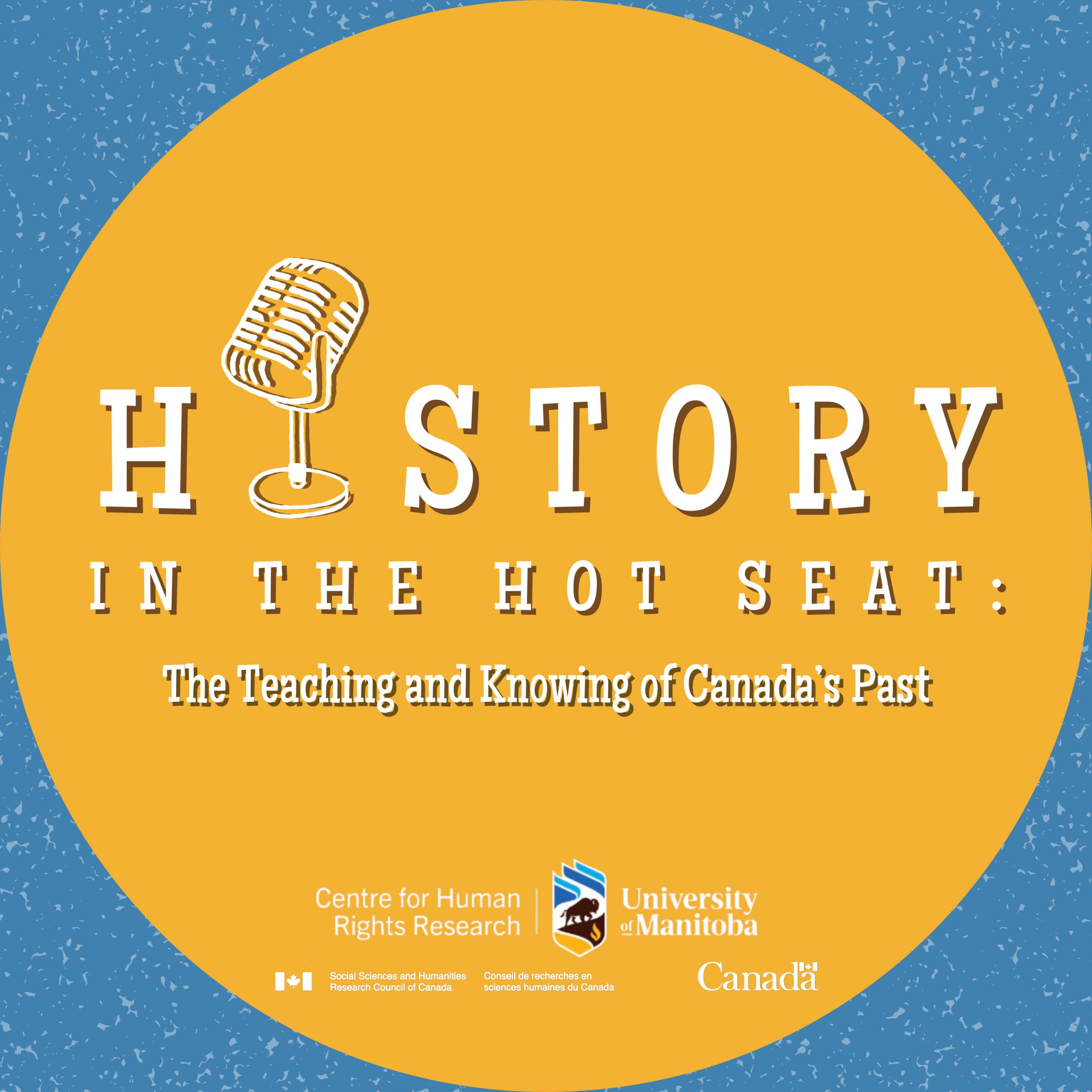 A yellow circle with "History in the Hot Seat" written inside. The 'I' in history is a podcasting microphone.