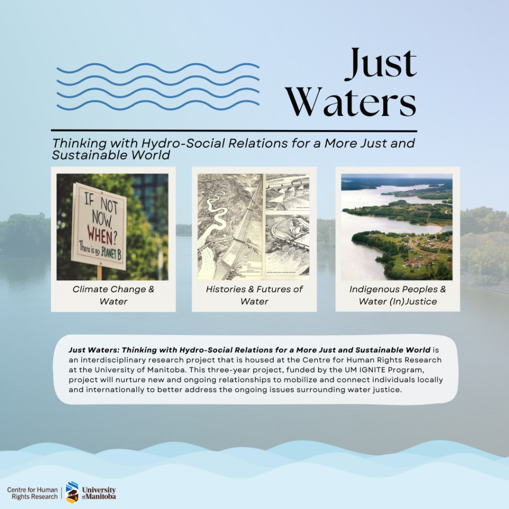 Social Media announcement titled Just Waters. Background image shows landscape of body of water with text written to describe project.