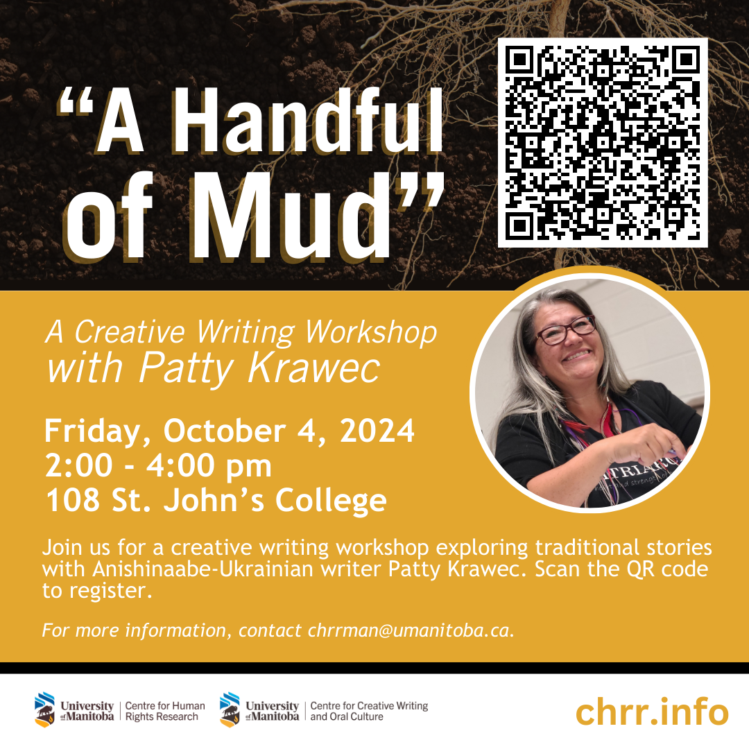 Poster for A Handful of Mud - Creative Writing Workshop. Features image of author Patty Krawec.