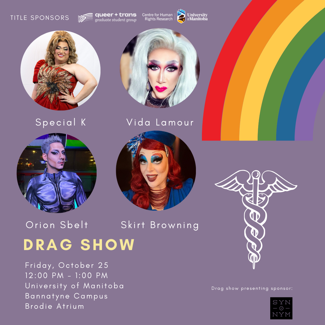 Poster with purple background and headshots from 4 drag artists