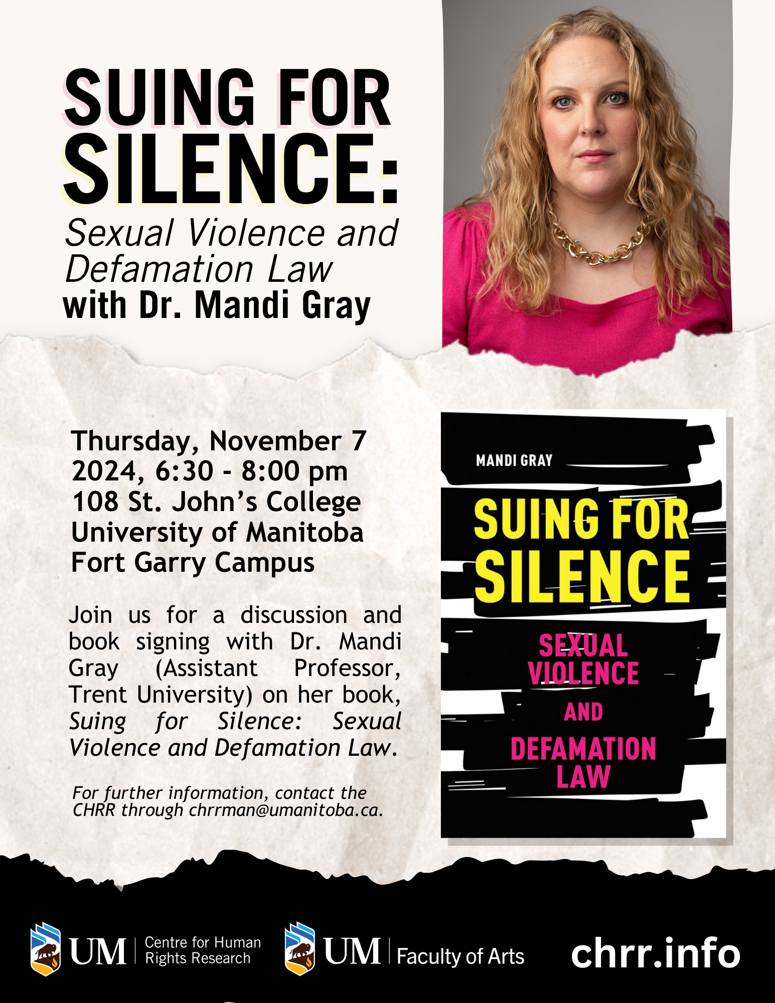 Poster featuring book cover of "Suing for Silence."