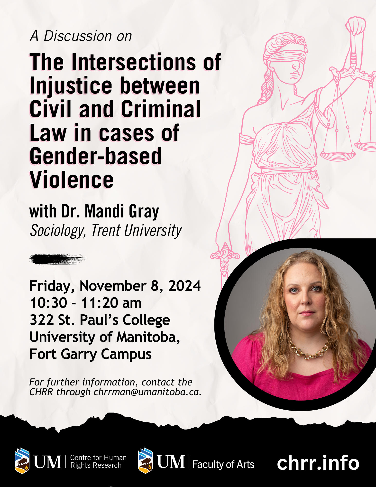 Poster for event features pink lady of justice scales in the background. Includes headshot of Dr. Mandi Gray