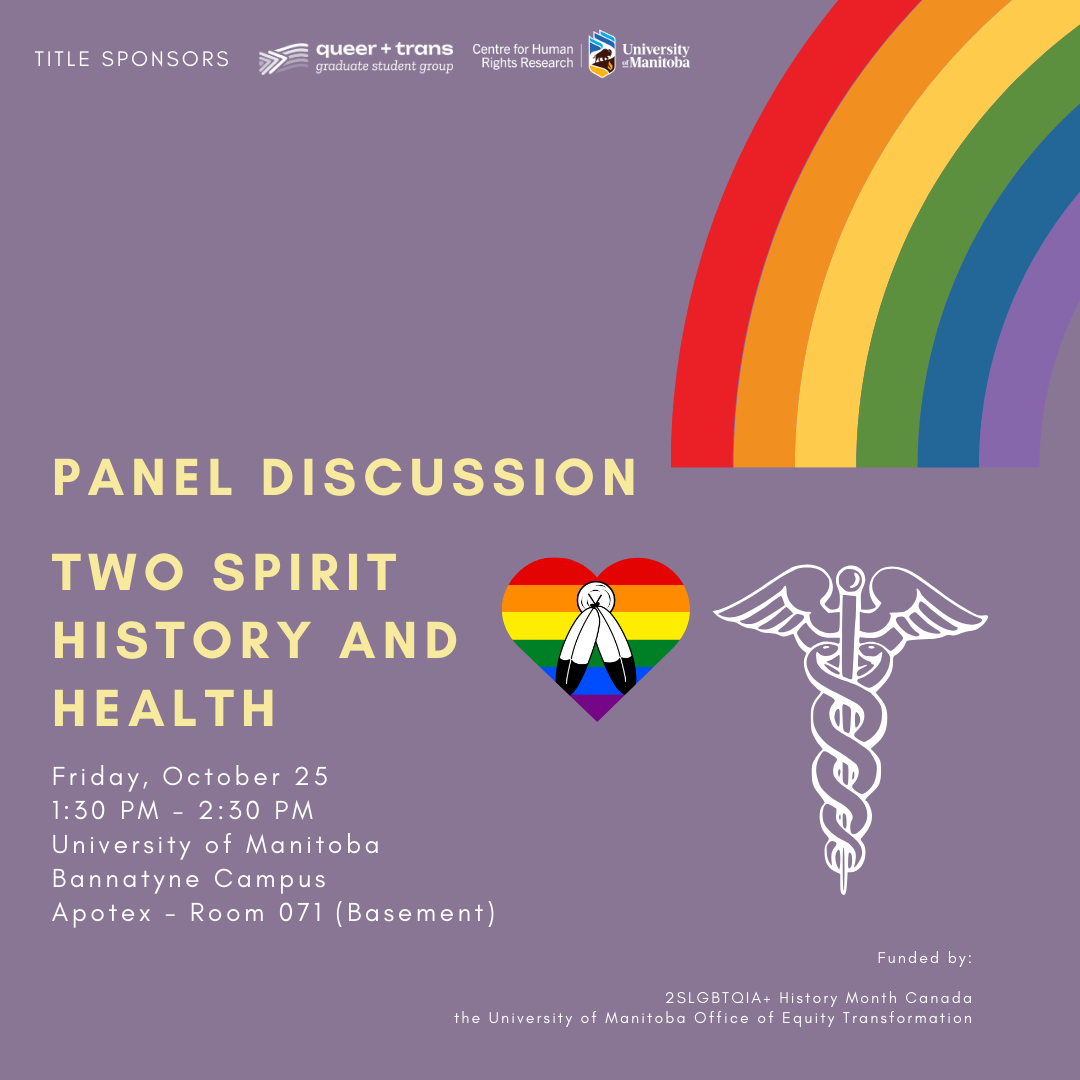 Purple background with rainbow flag for Two Spirit. Text provides information about panel discussion