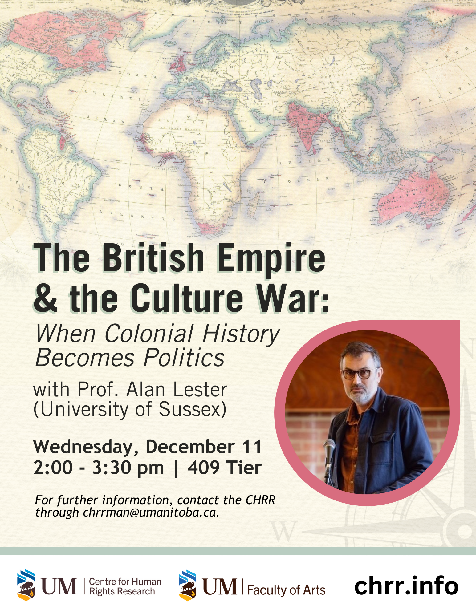 Image features world map coloured red to indicate British colonialism. The poster promotes lecture "The British Empire & The Culture War."