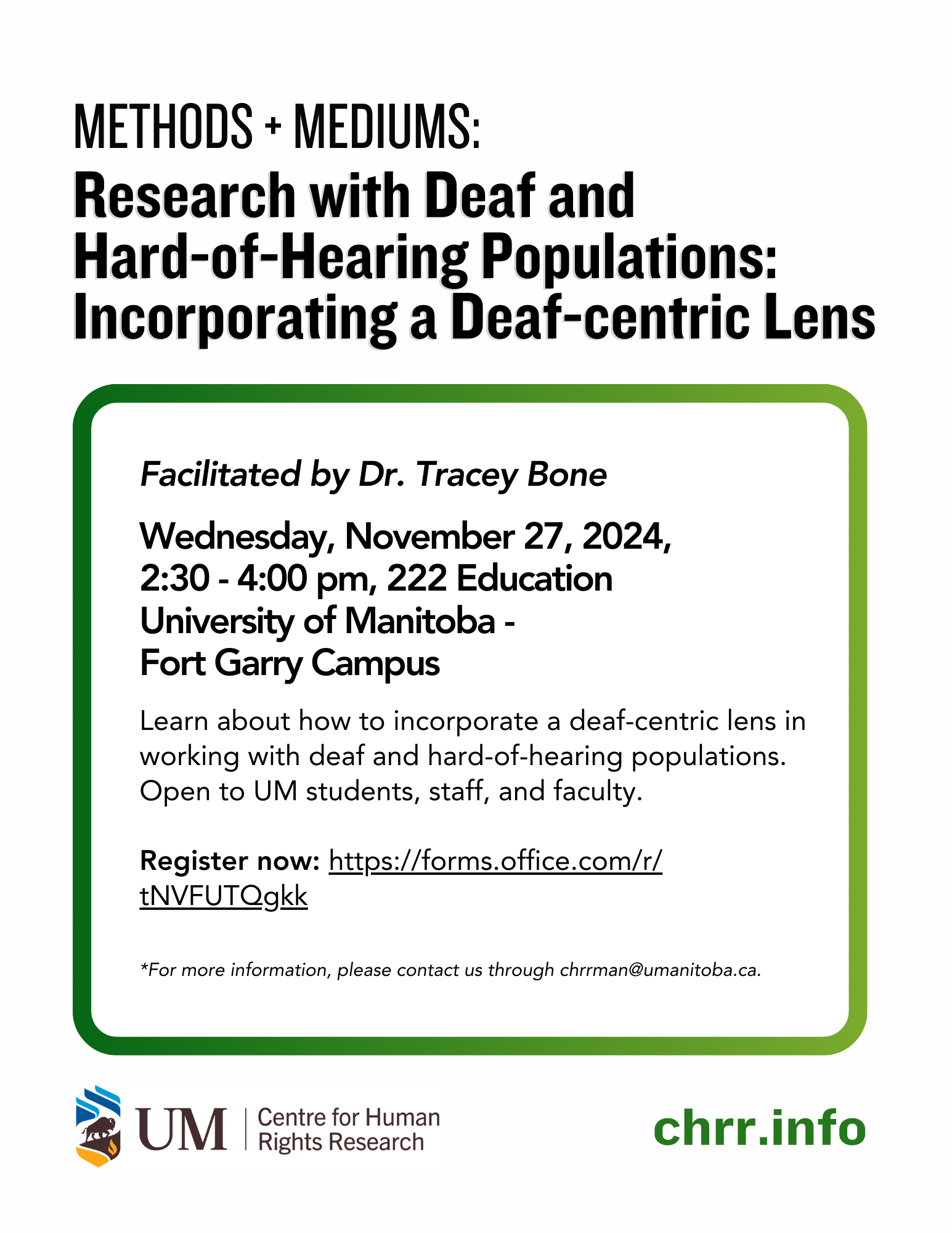 Flyer promoting workshop on research with Deaf and Hard of Hearing Populations with Dr. Tracey Bone.