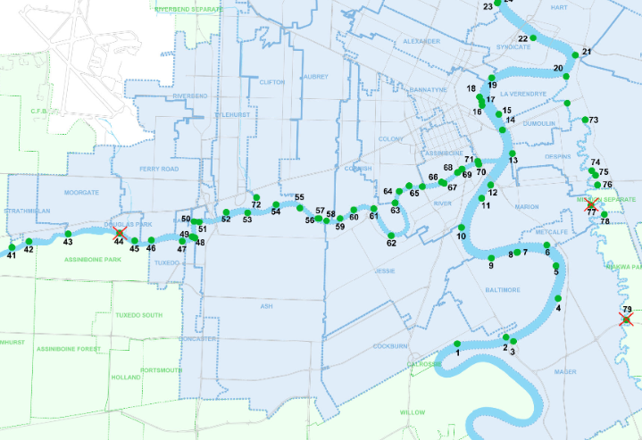 A blue and green map showing the locations of Combined Sewer Outflows (CSOs) in Winnipeg through green dots.
