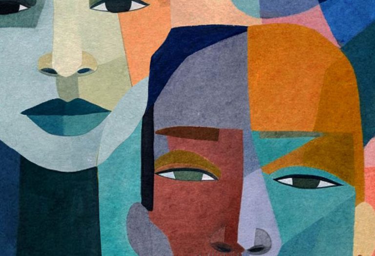 Geometric, abstract drawing of people.