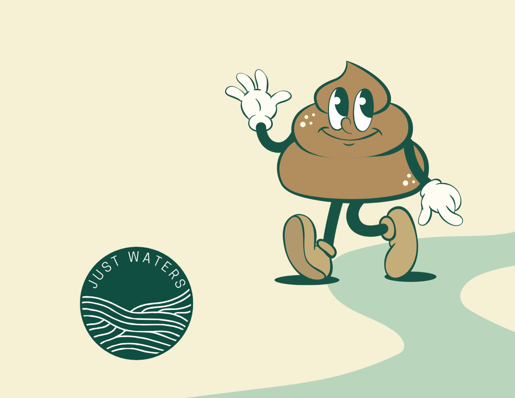 Illustrated poop waving while walking on a river.